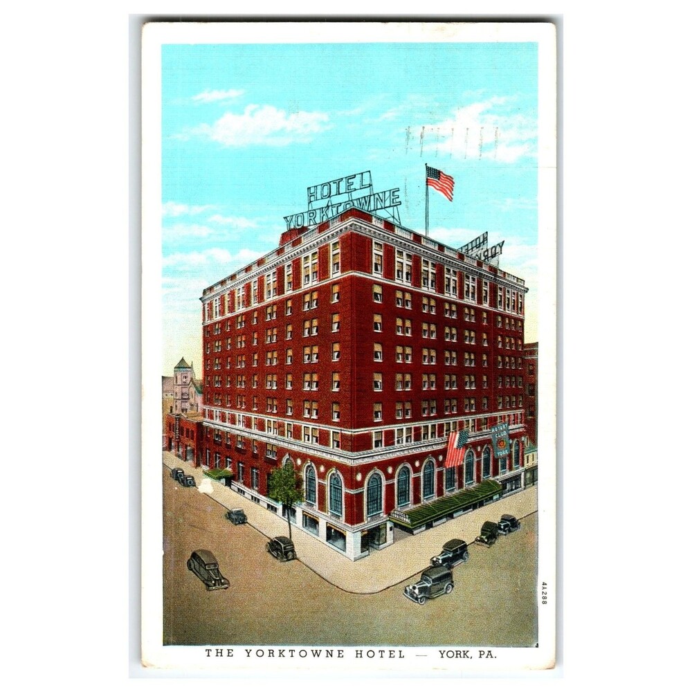 Yorktowne Hotel York PA Postcard 1939 Linen Vintage Cars Curteich